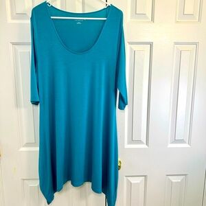 Soft Surroundings Teal Blue 3/4 Sleeve Scoop Neck Midi Flowy Dress Size XL Tall